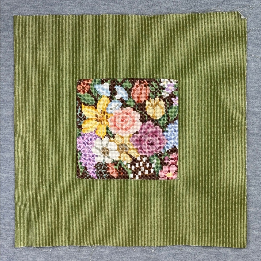 Vintage Handmade Floral Cross Stitch Pillow Panel Green Gold Unfinished